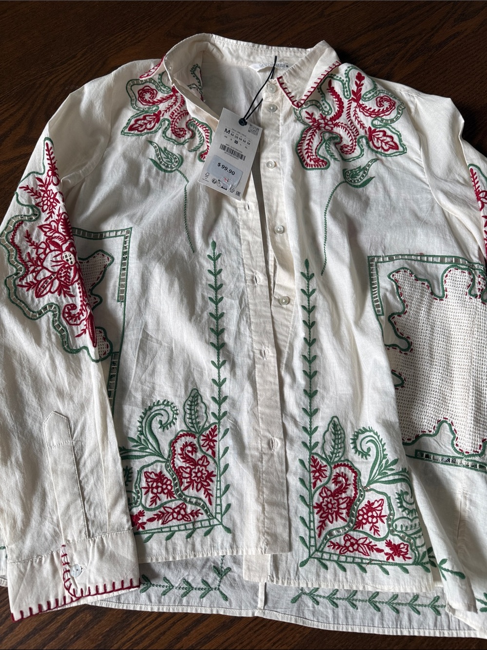 Zara creamy  Shirt with Red & Green Embroidery